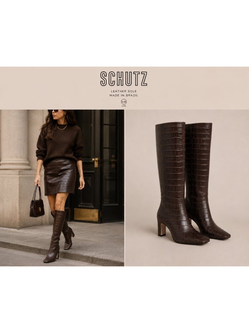 SCHUTZ Brown Croc Embossed Leather Knee High Boots Square Toe 6.5B Brazil